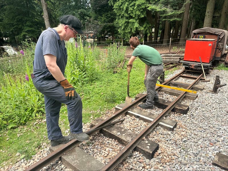 The permanent way department hard at work packing sleepers. Photo: Pen Harriss.