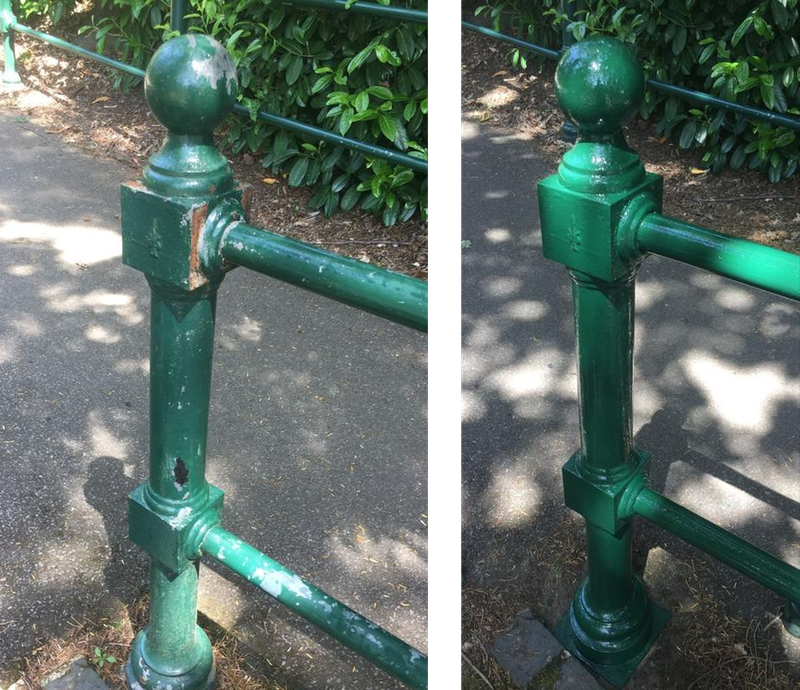 The railing at Mills Wood station before and after receiving a coat of fresh paint. Photo: Tim Long.